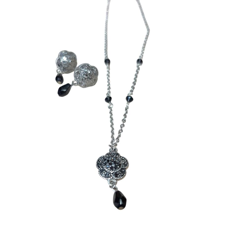 Premier Designs Silver Black Pave Floral Necklace Drop Earring Set